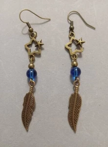 Bohemian Chandelier Earrings, Blue,  Bronze, Charms,  Feathers - Picture 1 of 1