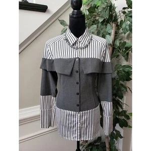 New York & Company Shirt Top Womens Large Black White Striped Stretch Collared - Picture 1 of 12