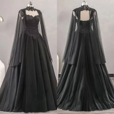 Черный готический свадебные платья с плащ линия кружева бисером свадебное платье без рукавов - Изображение 1 из 4