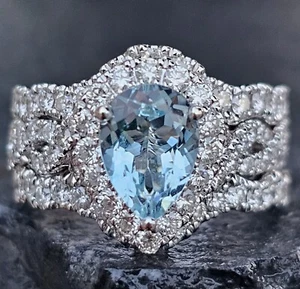 Neil Lane Bridal Engagement Ring 2 Wedding Band Set Diamond Aquamarine 14k White - Picture 1 of 9