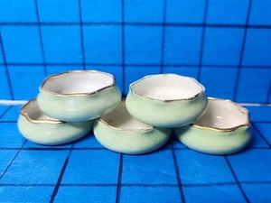 Set of 5 Vintage Green Hand Painted Ruffled Edge Porcelain Open Salt Cellars  - Picture 1 of 5