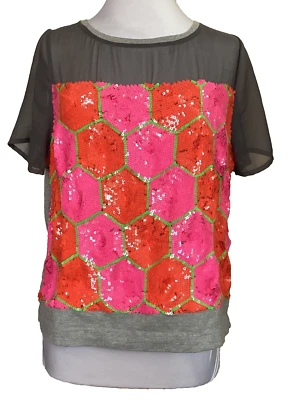 ASOS PINK ORANGE GREEN SEQUIN HONEYCOMB PRINT GREY COTTON T-SHIRT - SZ 12 - Image 1 of 4