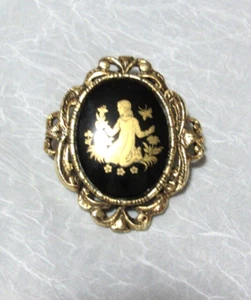 Vintage Black Cameo Brooch 2-1/4" Girl Flowers/Butterfly Gold Blackground - Picture 1 of 5