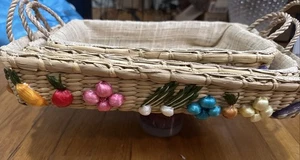 3 Vintage gefütterte geflochtene Pyrex Kasserolle Korb Obst Design Bast Boho MCM - Bild 1 von 8