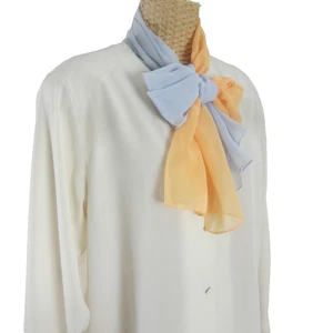 Vtg Marquise Womens M Ivory Periwinkle Blue Peach LS Silk Shirt Front Ties 40" - Picture 1 of 11