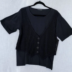 Black Crochet Button Vest Layered Top Size M – Short Sleeve Cotton Blend Boho - Picture 1 of 4