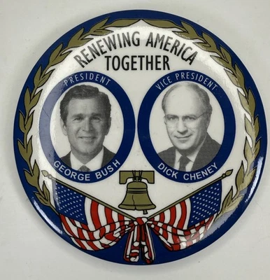 2000 George Bush Dick Cheney Presidente Elección Botón Pin Atrás Renovando América Foto 1 de 3