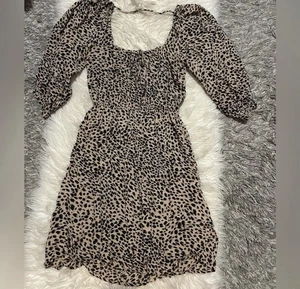 Beige/schwarzes Kleid Leopardenmuster eckiger Ausschnitt Größe: L Passform M - Bild 1 von 1