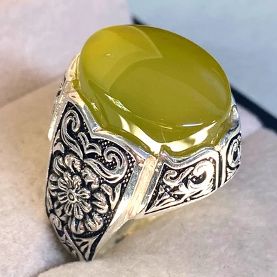 solid 925 Sterling Silver Men's Ring natural Yemeni yellow agate aqeeq شرف الشمس - Image 1 of 4