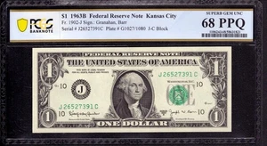 1963 B $1 FEDERAL RESERVE BARR NOTE KANSAS CITY FR.1902-J PCGS B SUPERB 68 PPQ - Picture 1 of 2