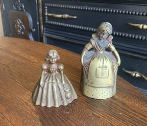 2 Antique Brass Bronze Metal Lady Girl Bell Holding Purse & Curtsying Milk Maid - Picture 1 of 21