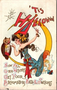 J Marks 'tis Halloween Girl on Crescent Moon with Owl Postcard KB177 - Picture 1 of 2