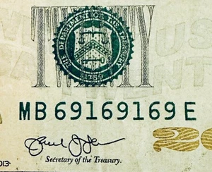 Genuine Super Repeater! Twenty Dollar Bill 69169169 - Picture 1 of 5