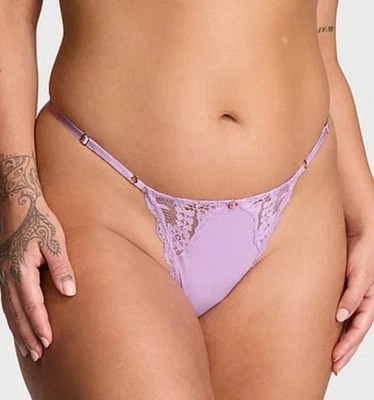 Victoria’s Secret DREAM ANGELS Lace Trim Satin Thong Panty Purple Large NWT - Image 1 of 4