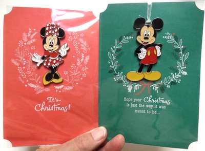 2 Hallmark Cards Christmas Mickey and Minnie Mouse with real Tree Ornaments - Image 1 of 4