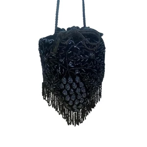 Victorian Style Black Velvet Beaded Evening Drawstring Pouch Bag With Fringe - Picture 1 of 10