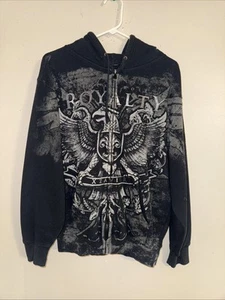 Y2K Black Xzavier Zip Up Hoodie Back Print Wings Large Emo Grunge Affliction - Picture 1 of 6