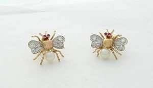 ANTIQUE DIAMOND RUBY FILIGREE BEE EARRINGS ESTATE PURCHASED - Picture 1 of 4