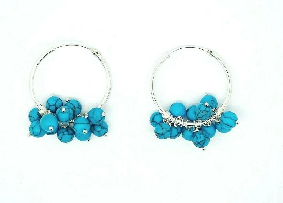 Genuine 925 Sterling Silver 26mm Medium Size Hoops with Turquoise or Pearl Beads - Image 1 of 3