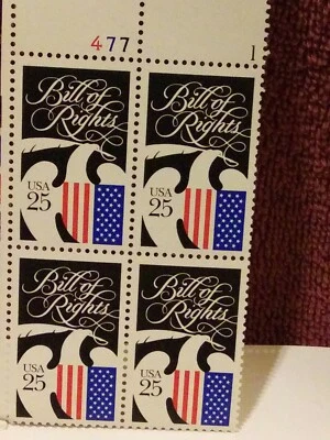 MINT NH 25 CENT BILL OF RIGHTS STAMP PLATE BLOCK CV 6.25 - Image 1 of 2