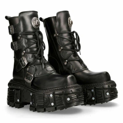 NEW ROCK BOOTS TANK373-S1 Black Leather Unisex Combat Platform Biker Goth Shoes - Image 1 of 4