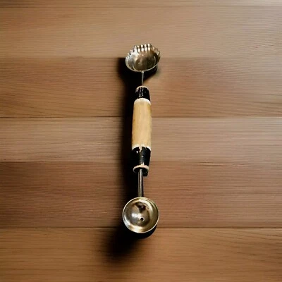 ANTIGUA CUCHARADA VINTAGE DOBLE 8" BOLA MELÓN COCINA PRIMITIVA MANGO DE MADERA  Foto 1 de 4