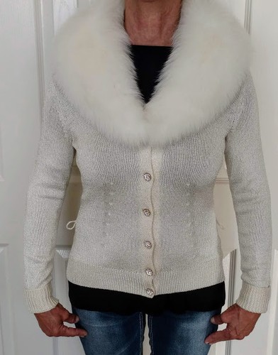 OFF WHITE Giacca maglione donna Dana Buchmann avorio piccolo colletto con pelliccia di volpe staccabile