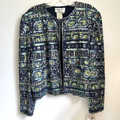 Adrianna Papell Women's Jacket Navy Blue 100% Silk Beaded  VTG 90s Sz Small NWT - Image 1 of 4
