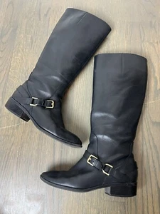 Lauren Ralph Lauren Riding Boots 8.5 Black Leather Mila Buckle Detail Stretch  - Picture 1 of 17
