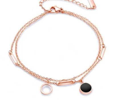 Mujer Chapado en Oro Titanio Acero Inoxidable Negro Círculo y Barra Tobillera 8-9.25" Foto 1 de 4