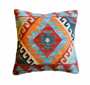 Rauten Kissenbezug Wolle Baumwolle Mehrfarbig Terrakota Kelim Kissen 50 x 50 cm - Bild 1 von 11