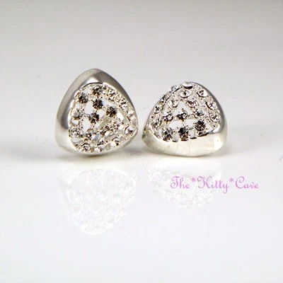 Argento Rodio Placcato Geometrico Triangolari Bottone Orecchini con / - Immagine 1 di 3