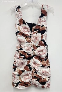 Express Brown Cream Black Floral Linen Blend V Bar Neck Ruched Mini Dress XS - Picture 1 of 8