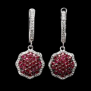 925 Sterling Silver Earrings Ruby Myanmar Round Diamond Cut White Topaz Gemstone - Picture 1 of 14