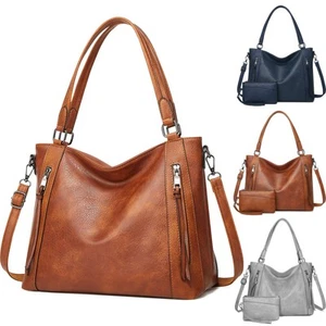 Vintage Women Handbag Large Zip Shoulder Bag Soft Leather Shopper Tote Hobo Bag - Picture 1 of 15
