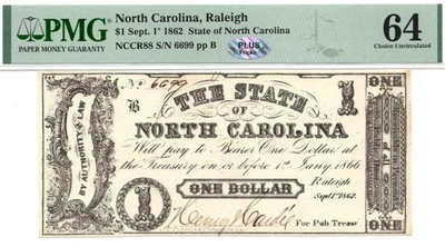 1862 $1 State of North Carolina, Raleigh Obsolete - PMG 64! Crisp & Bright! PQ - Image 1 of 3