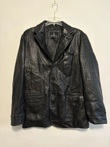 London Fog Leather Jacket Men's Large Black Button up  Bomber Vintage - Picture 1 of 8