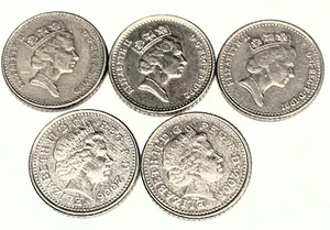 # C8302 GREAT BRITAIN FIVE PENCE COINS, 1990, 1991, 1992, 2003, 2006 - Picture 1 of 2