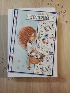 Handgemachte Osterkarte, Ostergrüsse, Mädchen mit Korb 3d, Frohe Ostertage  - Bild 1 von 2