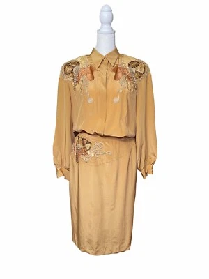 Falda y blusa vintage Lee Magram 100% seda con cuentas y bordadas a mano talla 12 Foto 1 de 4