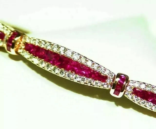 Round Cut Lab Created 8Ct Ruby/Diamond 14K Yellow Gold Plated Cuff Bangle 7.5" - Image 1 of 4