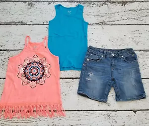 JUSTICE 12 Girls Orange Aztec Tank Top, Blue Tank, Denim Shorts (3 Piece) 12 - Picture 1 of 6