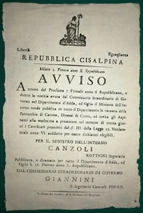 Repubblica Cisalpina - Avviso ricerca parroco per Carona (diocesi Como) - 1802 - Picture 1 of 1