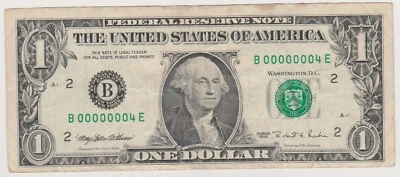 $1 Fancy Serial Number Low Binary--Single Digit Note (#4)-Serial Number 00000004 - Image 1 of 4