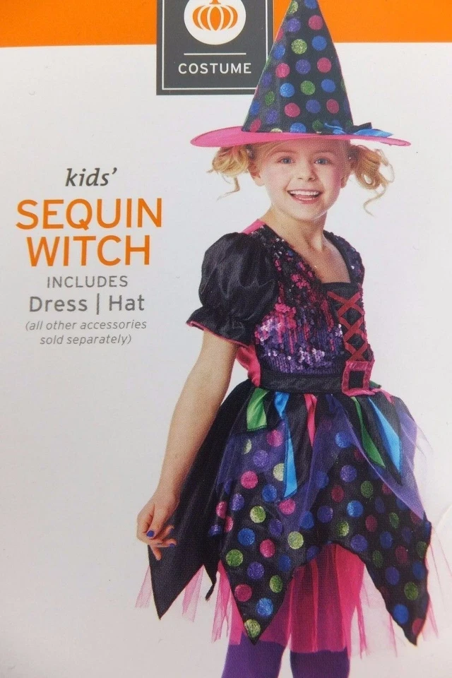 Sequin Witch Kids Girls Halloween Costume Colorful Dress & Hat Size L 8 - 10
