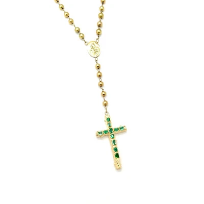 32.6g Natural Colombian Emerald Catholic Cross 18k Yellow Gold Rosary Necklace - Image 1 of 4