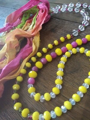 Boho Handmade Long Beaded Necklace. Silk Sari Tassel. Tourmaline. Yellow & Pink. - Image 1 of 4