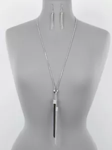 Long Chain Double Tassel Fringe Rhinestone Silver Tone Necklace Earrings Set - Picture 1 of 4
