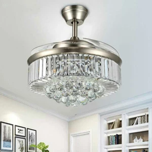 36"/42" Crystal Ceiling Fan Chandelier with Led Light Remote Retractable Blades - Picture 1 of 28