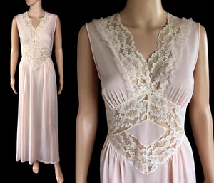 Vintage 40s Pink Long Gotham Gold Stripe Nightgown Sheer Lace Chiffon Ruffle 34 - Picture 1 of 19